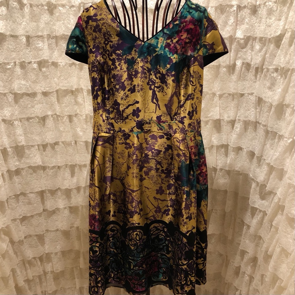 Monsoon Size 22 Silk Gold Floral A-Line Dress
